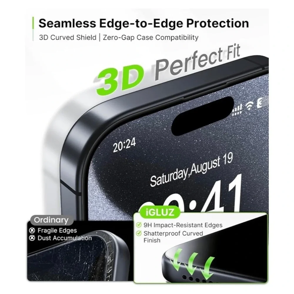 iGLUZ iPhone 15 Pro Max Privacy Screen Protector 4+2 Pack OneStep AllSet Kit